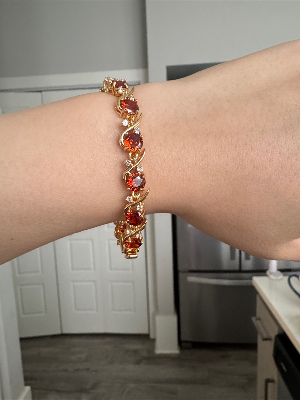 Fanta Red CZ Tennis Bracelet with Extension – Gold Tone